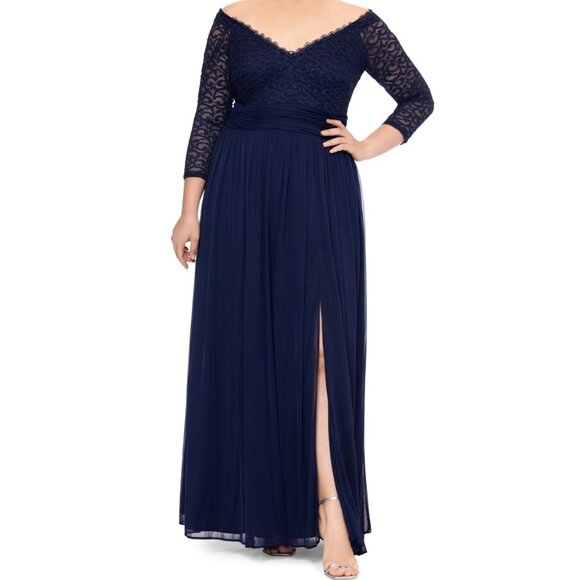 Betsy & Adam Plus Size Lace Off-the-Shoulder Gown – Navy | Size 22W | NWT - Picture 1 of 4